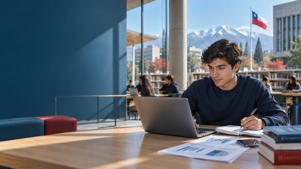 Estudiante de Ingeniería Comercial trabajando con su laptop en una biblioteca universitaria en Chile, con la cordillera y una bandera chilena al fondo.